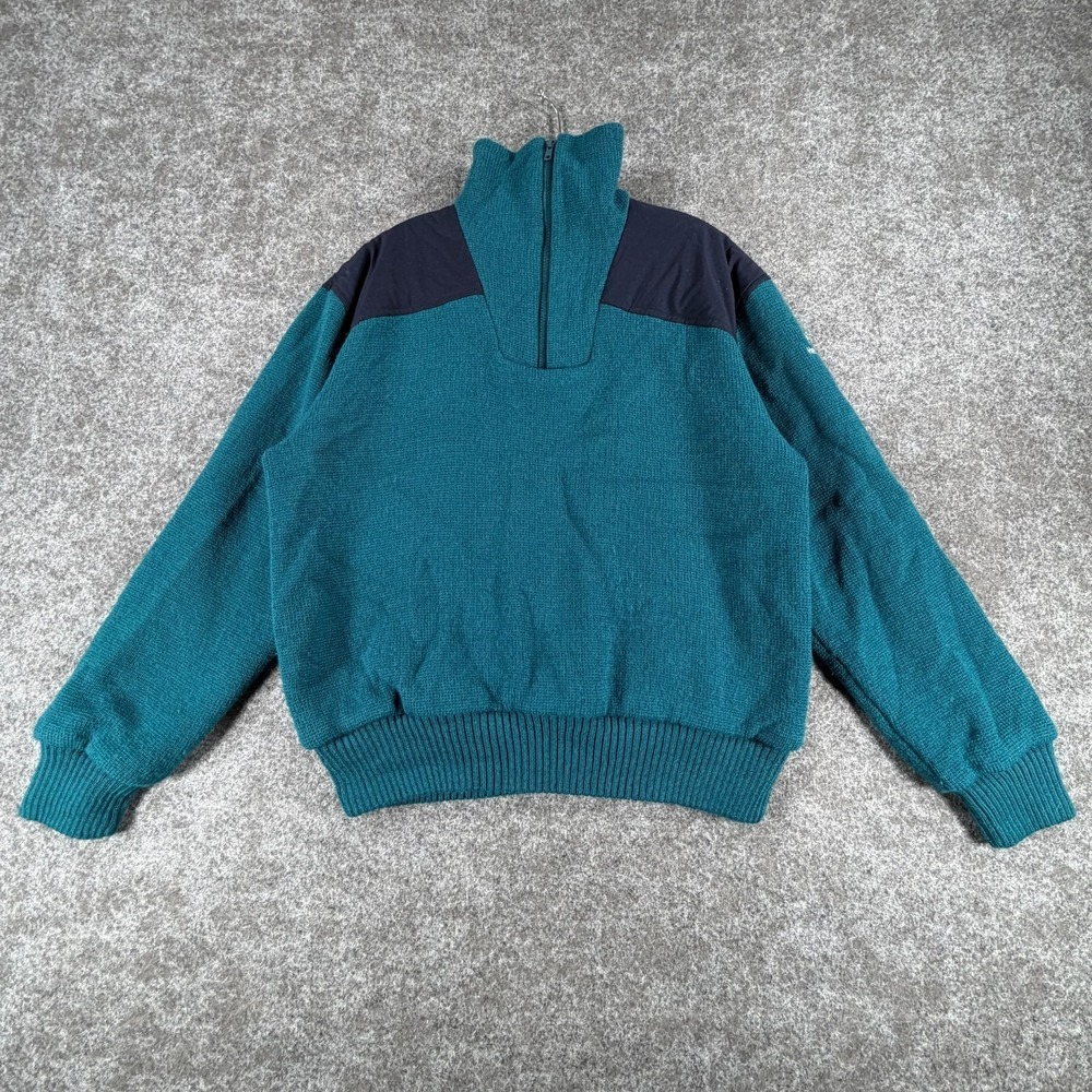 Vintage Helly Hansen 1/4 Zip Sweater Mens M Teal Blue Wool Knit Elbow Patches